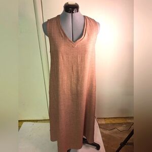 Tan/ Mauve V Neck Shift Dress W/Pockets, Linen Sz S